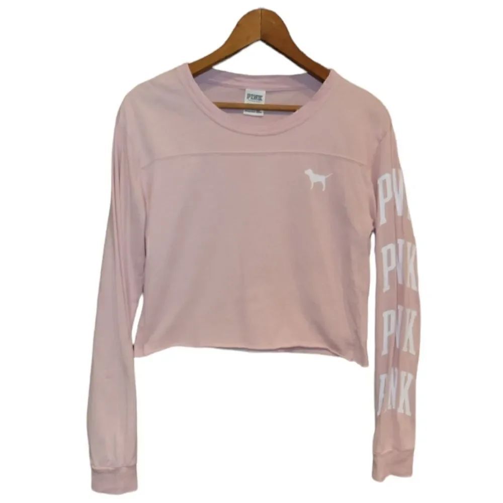 PINK Victorias Secret Pale Pink Logo Crop Long Sleeve Top Size S